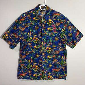 Vintage Toucan Dance Fish Coral Reef Sea Short Sleeve Haiwaiian Shirt Mens Small